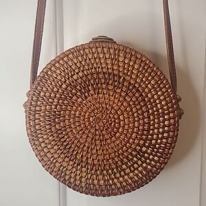Black Sling Round Woven Rattan Leather Strap Crossbody Bag Brown